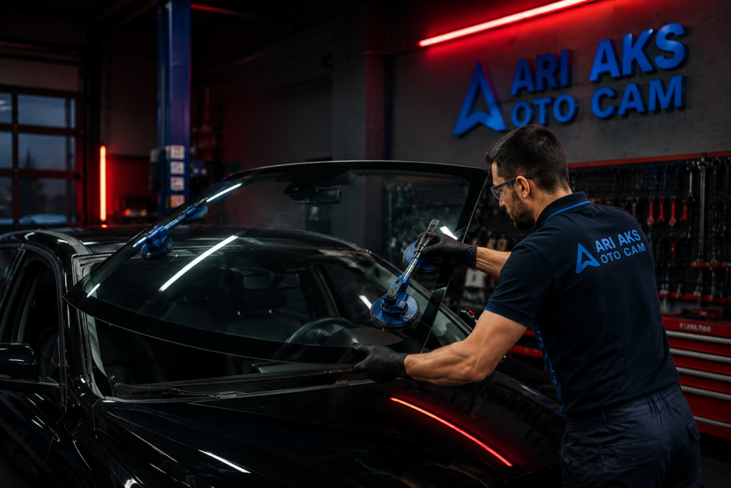 ARI AKS teknisyeni kaskolu bir aracın ön camını değiştiriyor